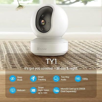 EZVIZ TY1 1080p 2m Hd 360 - Degree WiFi Smart Home Security Camera, Intelligent Surveillance Camera with Night Vision, Smart Tracking, Two - way Audio, White. - Pan store